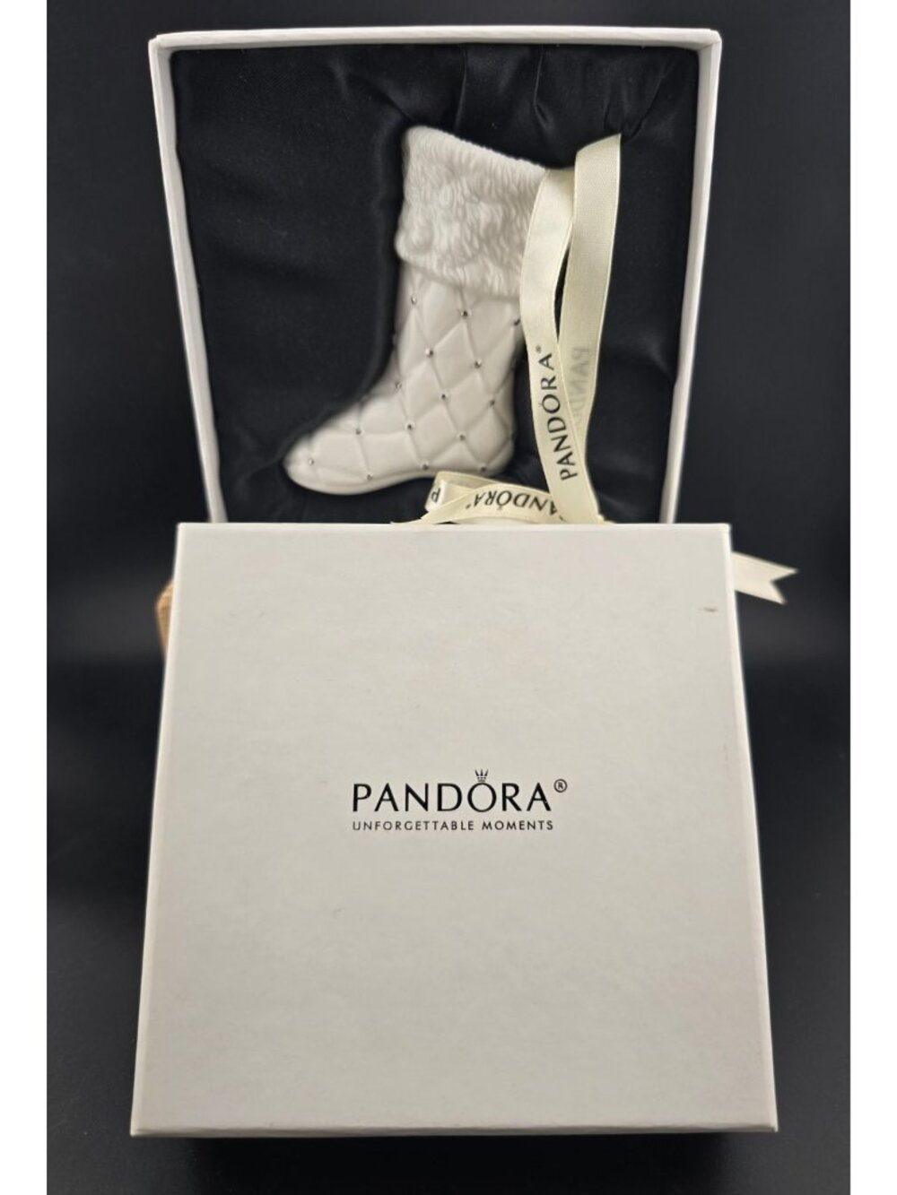 2012 Pandora Christmas Stocking Ornament White Ceramic with Box